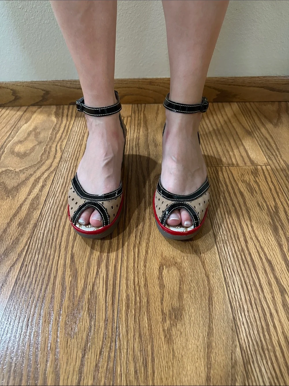 Fly London Beige, Black and Red Peep-Toe Wedge Sandals
